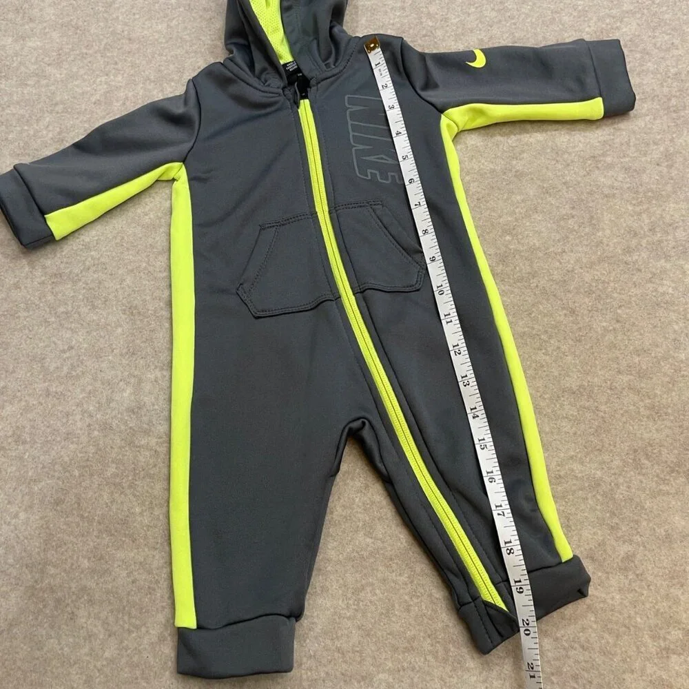 Nike Dri Fit Gray Neon Green Long Sleeve Zipper Romper Baby Boy Size 6 Month